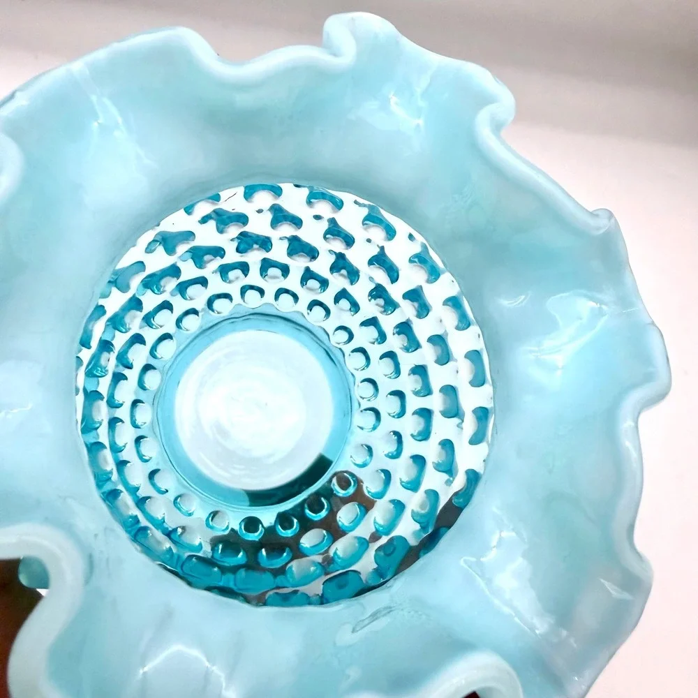 Fenton Home Vase 4.5in Glass Mid-Century Blue Opalescent Hobnail Ruffled